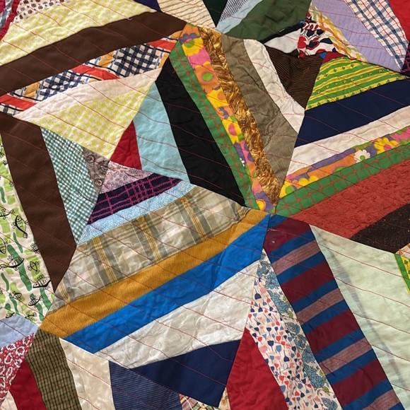 Vintage HandSewn Patchwork Quilt with Red and Multicolor Design.